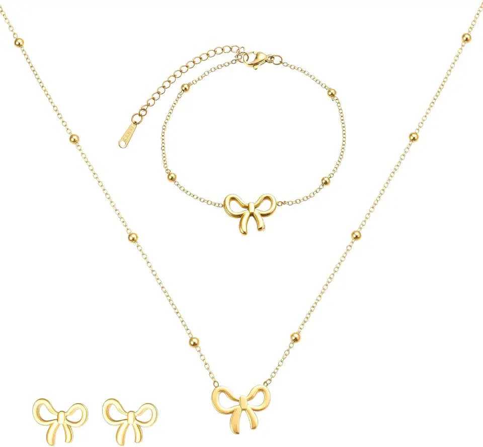 3PCS Gold Necklace and Earring Set, Bow Jewelry Gold Trendy Bowknot Ribbon Choker Necklace Bows Stuff Gifts Christmas Holiday Jewelry Necklaces+Bracelet+Earrings