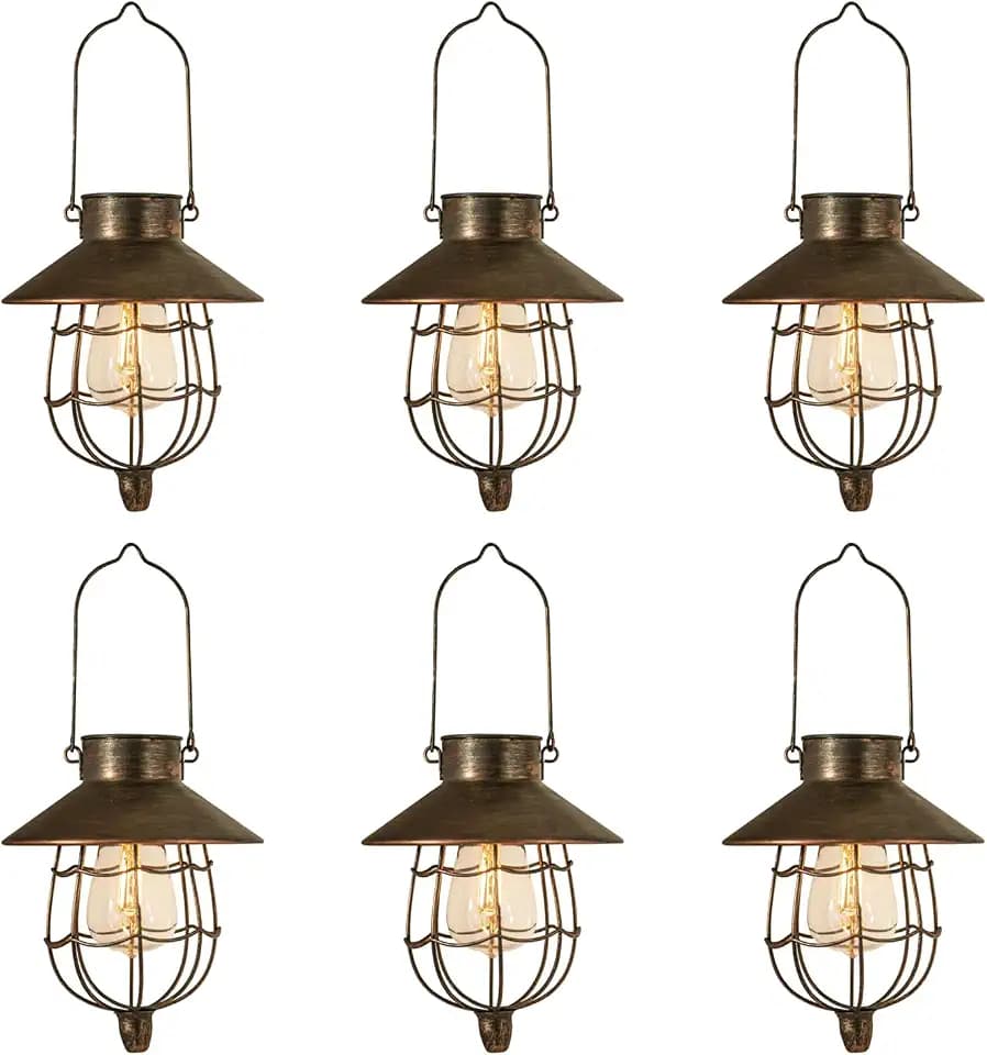 YAKii 6 Pack Solar Lantern Hanging Waterproof Outdoor Metal Solar Lamp with Warm White Light Decorate for Yard Garden Pathway Patio Porch (Antique Copper)