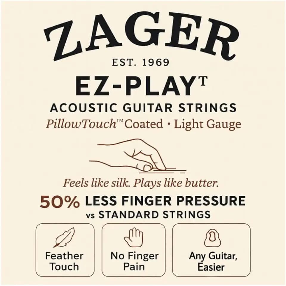 Zager Easy Play Acoustic Guitar Strings – Fits Martin, Taylor, Yamaha, Fender & Gibson Guitars – Easy on Fingers, Anti-Rust, Warm Rich Tone