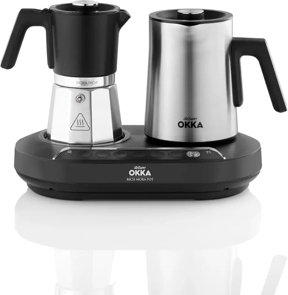 Arzum OKKA Rich Moka Pot Kombi-Kaffeemaschine, Espresso- Und Moka-Zubereiter Mit Integriertem Milchaufschäumer, Patentiertem Rührwerk, 1350 Watt Leistung Und 8 Betriebsmodi