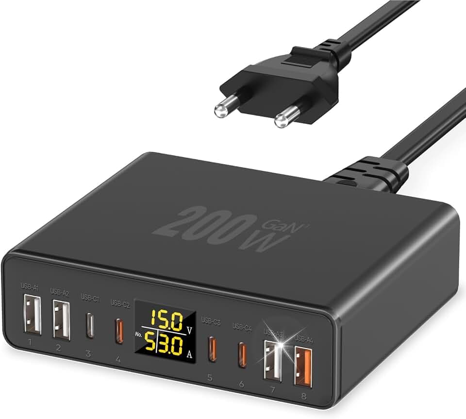 USB C Ladegerät Mehrfach 8-Port mit LED Anzeige 200W USB Ladestation