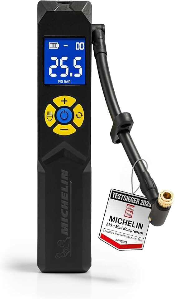 MICHELIN Air Power Mini 1 Li-Ionen Akku Mini-Kompressor kabellos – Elektrische Luftpumpe 9,9 bar mit Digitaldisplay, Auto-Stopp & LED für Auto, Fahrrad, E-Bike & Motorrad