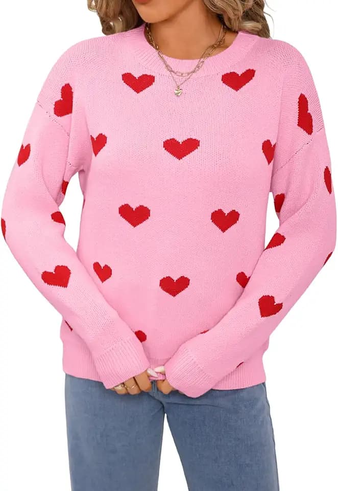 Kaei&Shi Heart Sweater,Cute Valentines Sweaters for Women,Hearts Pattern Knit Top Date Christmas