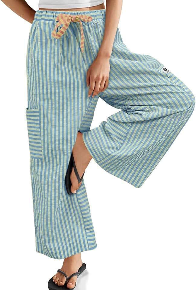 TARSE Women's Striped Wide Leg Pants Drawstring Casual Trousers