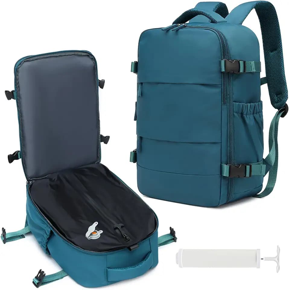 Travel Backpack w/Vacuum Compression (w/Pump) - Carry-On, 18x14x8 In, Multi-Comp Laptop Bag (孔雀蓝)