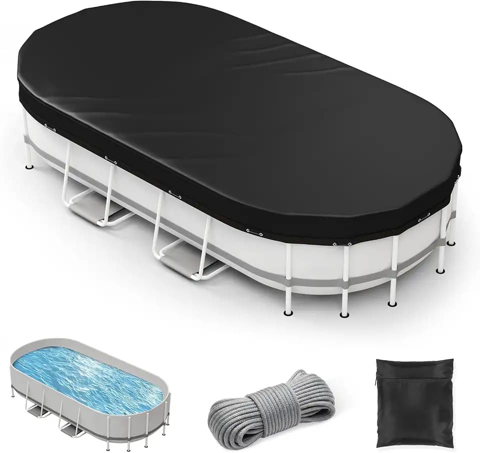 Oval Winter Pool Cover 12 x 24 FT, Upgraded 420D Heavy Duty Pool Covers for Above Ground Pool with Winch and Cable, All Season Inflatable Pool Cover for UV Resistant, Waterproof and Dustproof