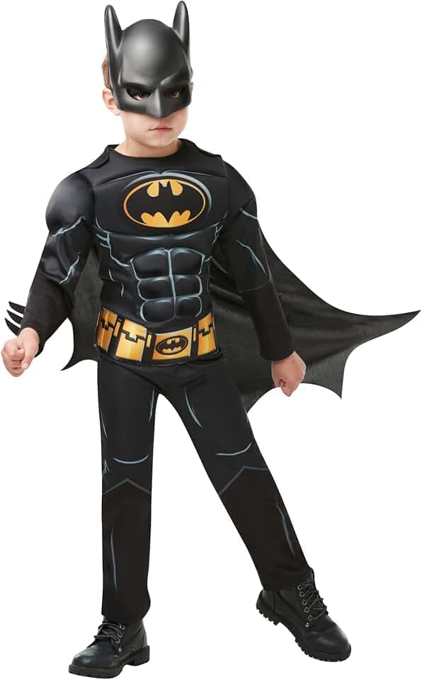 Rubies Offizielles Batman Black Deluxe-Kostüm für Kinder – Muskelanzug mit Maske & Umhang für Rollenspiele