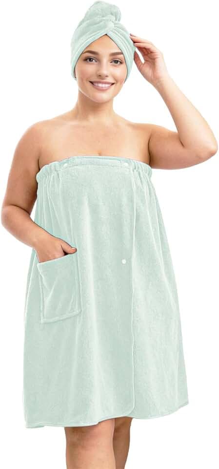 Women's Adjustable Microfiber Bath Towel Wrap with Hair Towel - Light Green