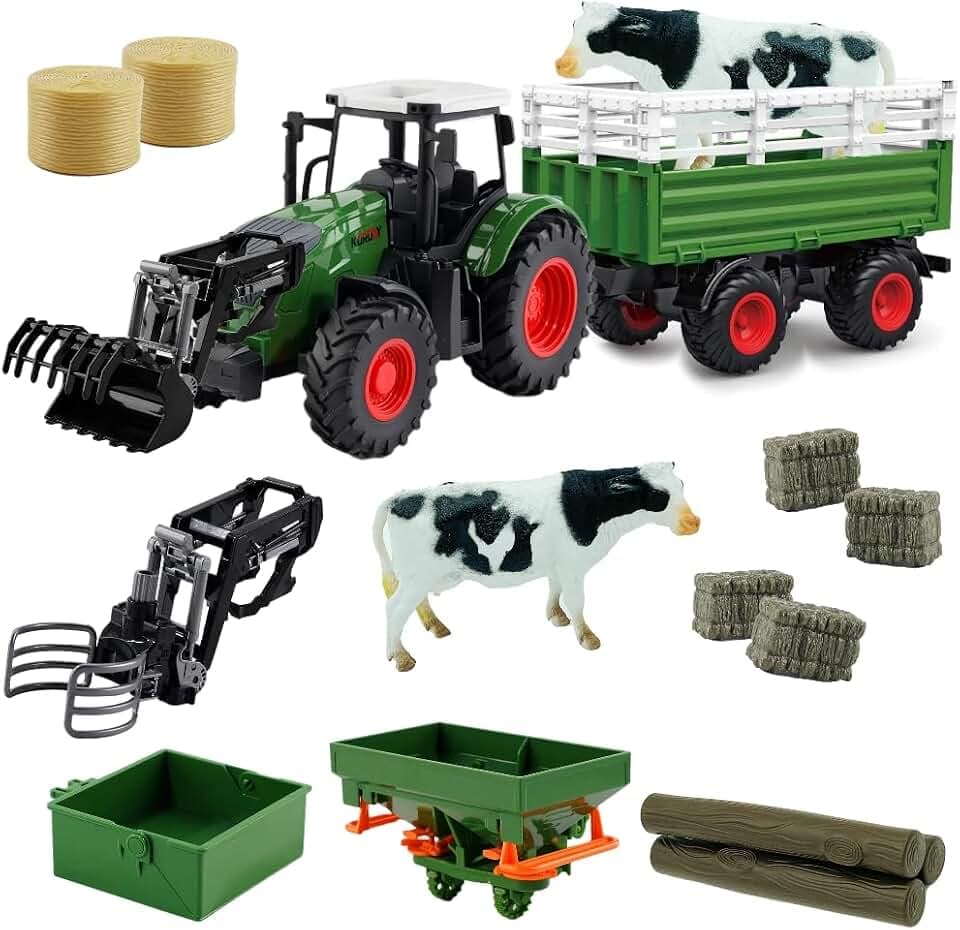 Farm Traktor Fahrzeuge Traktor Anhänger mit Greifer Round Bale Frontloade Tipping Anhänger Dünger Spreader mit Milch Kuh Ballen Farming Spielzeug Spielset für Jungen Kinder Kleinkinder