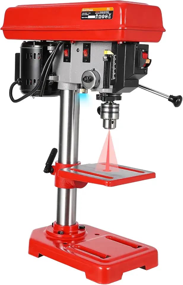 8" Benchtop Drill Press, Laser Ray (Class II Max. 1mW), Tabletop Drilling Machine with 5 Adjustable Speeds (620 to 3100 RPM), 0-45°Tilting Worktable with LED Light (1W), for Wood or Metal