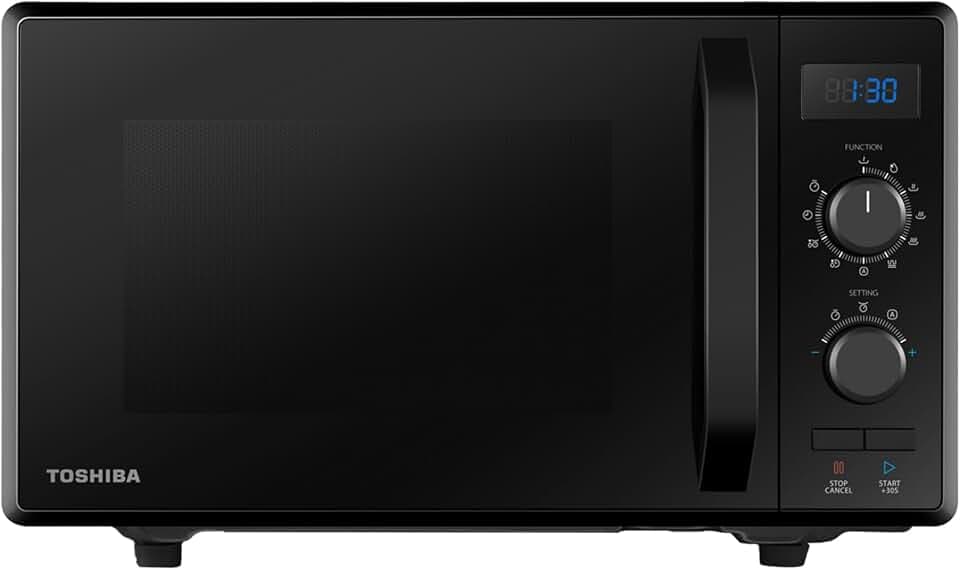 Toshiba 3-in-1 Mikrowelle mit Grill und Kombi-Kochen, 23 l, drehbarer Teller mit Positionsspeicher, Timer, integrierte LED-Lichter, Pizza-Programm, Schwarz