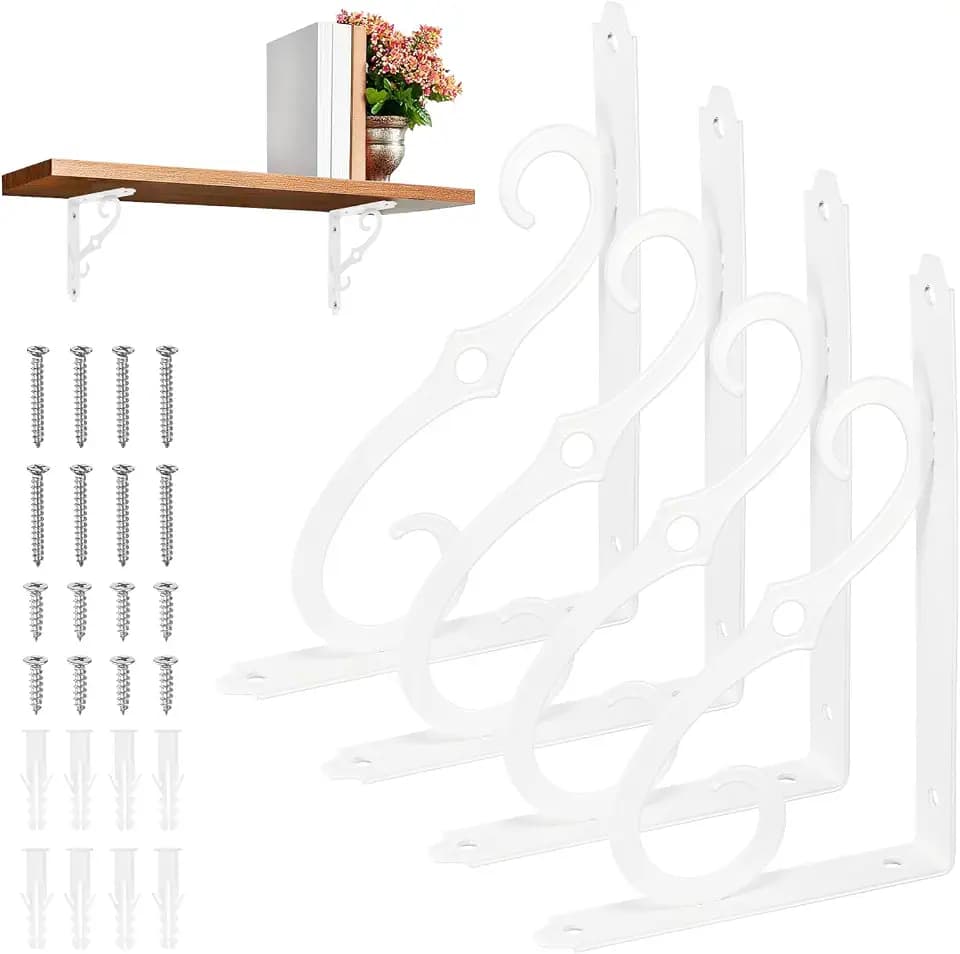 M METERXITY 4-Pack Shelf Brackets, 8 Inch Long L Shape Iron Wall Mount Shelf Support Bracket with Mounting Hardware 120 lbs Load Capacity for Home/Kitchen/DIY Decorative [White]