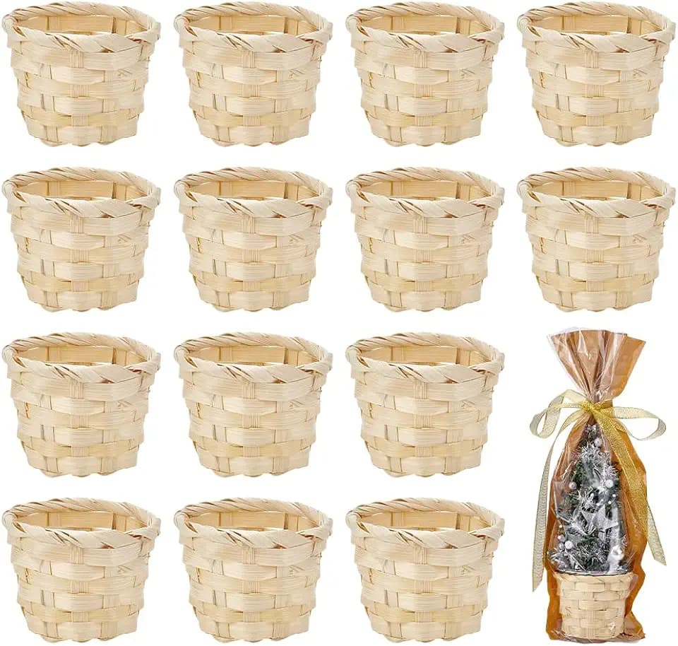 PH PandaHall 16pcs Small Wood Woven Baskets Mini Woven Basket Straw Basket Mini Baskets for Favors Centerpieces Home Decorations Fairy Garden Grocery Gifts Straw Picnic Berry, 3.2x2.6 inch