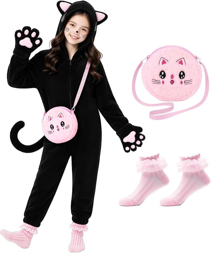 3pcs Kids Girls Black Cat Costume with Bags Socks for Halloween