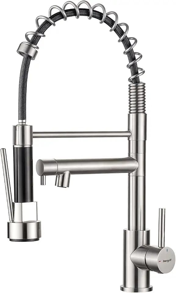 Ibergrif M22144A Küchenarmatur Ausziehbar mit Brause, Wasserhahn Küche Spiralfeder 360° Schwenkbar, Spültischarmatur Einhebelmischer 2 Strahlarten, Hochdruck Mischbatterie Edelstahl