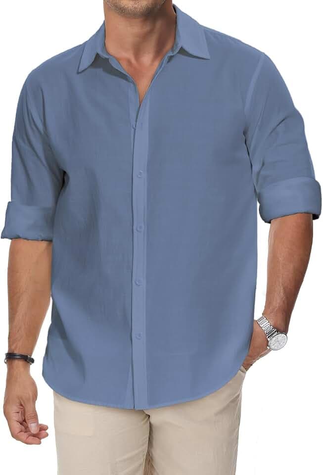HMIYA Baumwolle Leinenhemd Herren Langarm Hemd Knopfleiste Freizeithemd Regular Fit Stehkragen Hemd,Blau,4XL