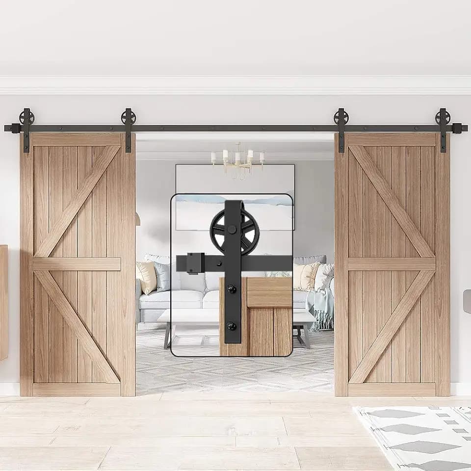 WINSOON 14FT Double Doors Barn Door Hardware Kit, Black Big Spoke Roller