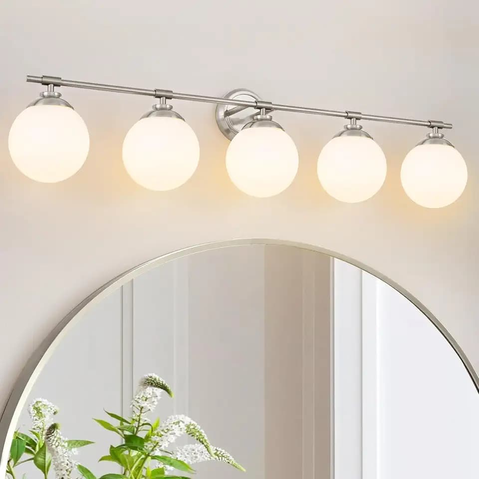 5-Light Nickel Bathroom Vanity Light Fixtures with White Glass Shade