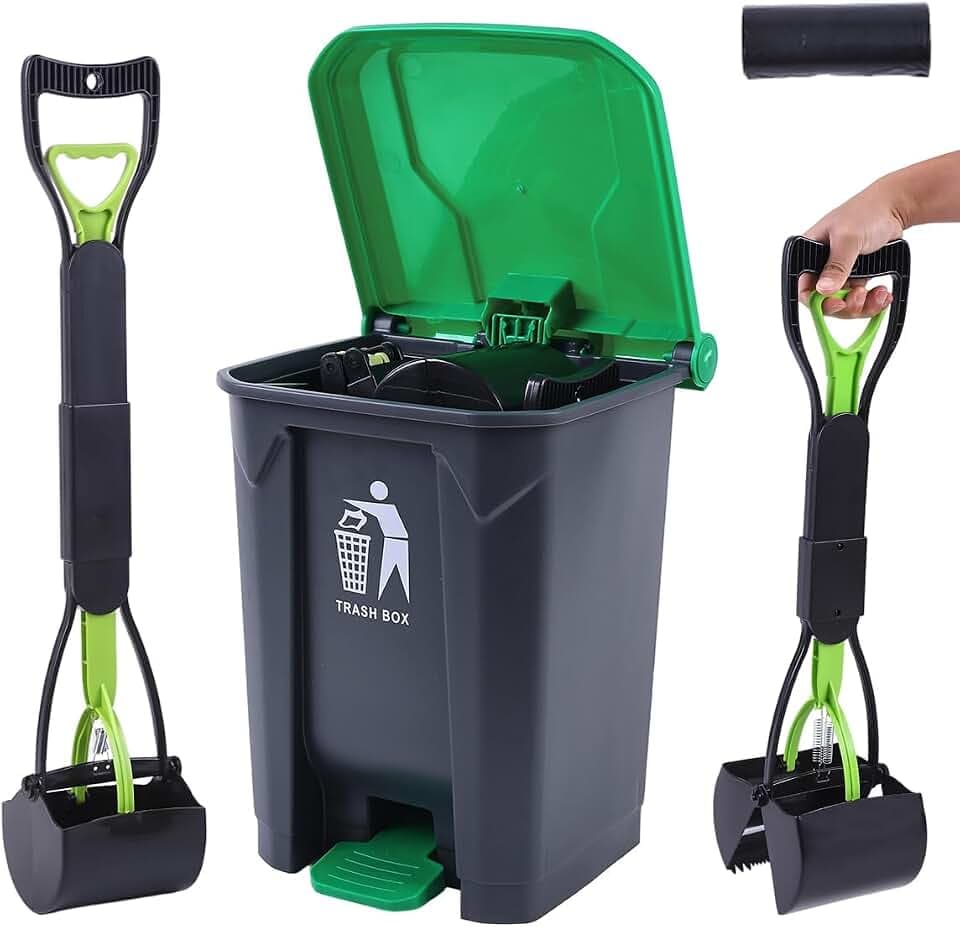Pooper Scooper 2 Pack with 20 Litre Step Dog Poop Trash Can, 28" Long Handle Dog Poop Scoopers for Large Small Dogs Heavy Duty, Removable Inner Bucket for Outdoors, 50 Waste Bags Included (Green)