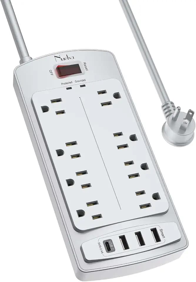 Surge Protector Power Strip - Nuetsa Flat Plug Extension Cord with 8 Outlets and 4 USB Ports, 6 Feet Power Cord, 2700 Joules, ETL Listed, Grey