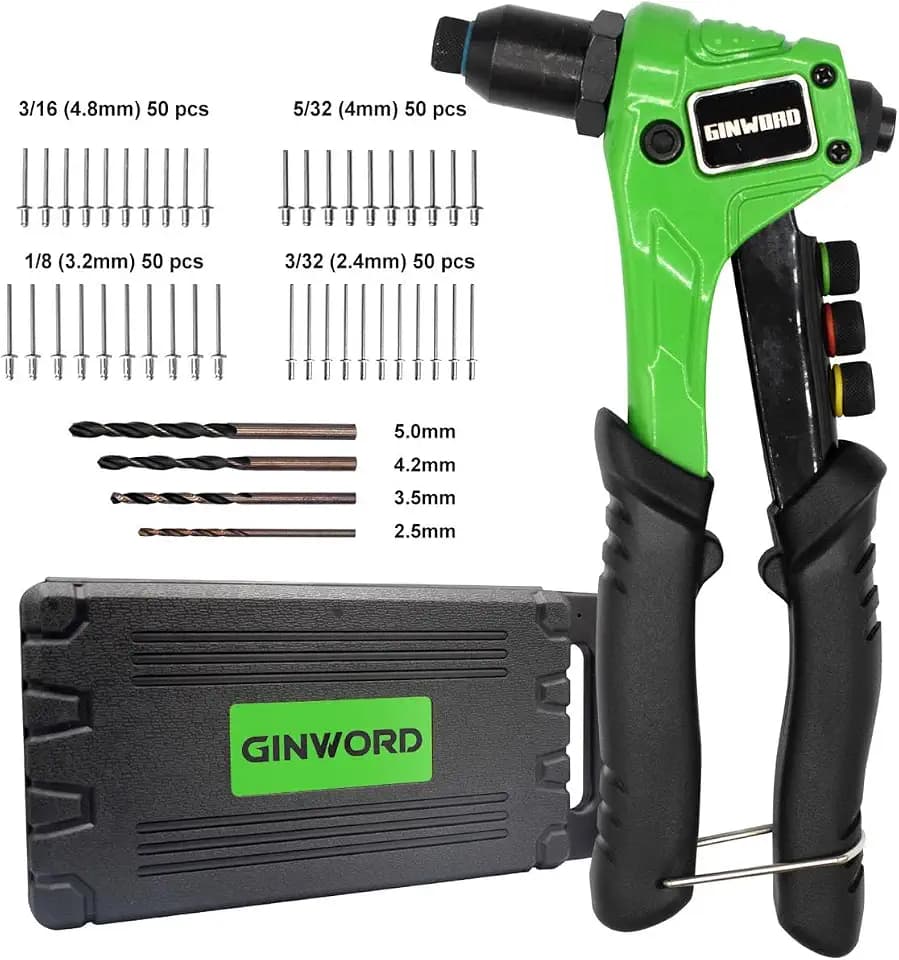 Rivet Gun, Pop Rivet Gun,Rivet Gun Kit, 200Pcs Rivets and 4 Drill Bits, Heavy Duty Hand Riveter Tool Set (Heavy Duty Rivet Gun), for Men