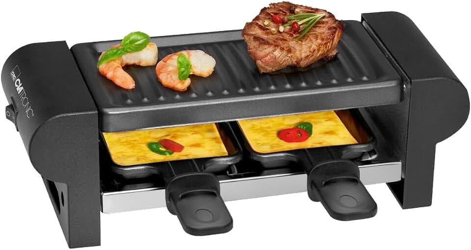 Clatronic® Raclette 2 Personen | Mini Raclette mit ca. 20,5 x 10,5 cm Grillfläche | für Grillen & Überbacken | antihaftbeschichtete Grillplatte & Pfännchen | 350W | RG 3592