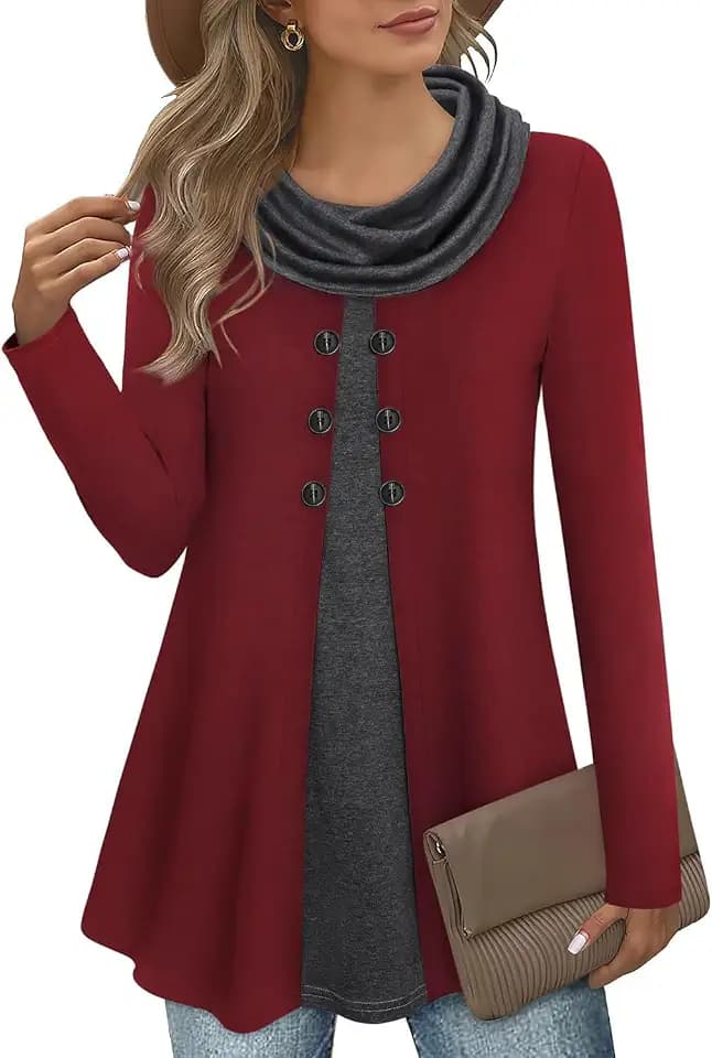 Damen Elegant Langarm 2 in 1 Pullover Tunika Herbst Winter Sweatshirt Sweater Mode Patchwork Pulli(Weinrot,2XL)
