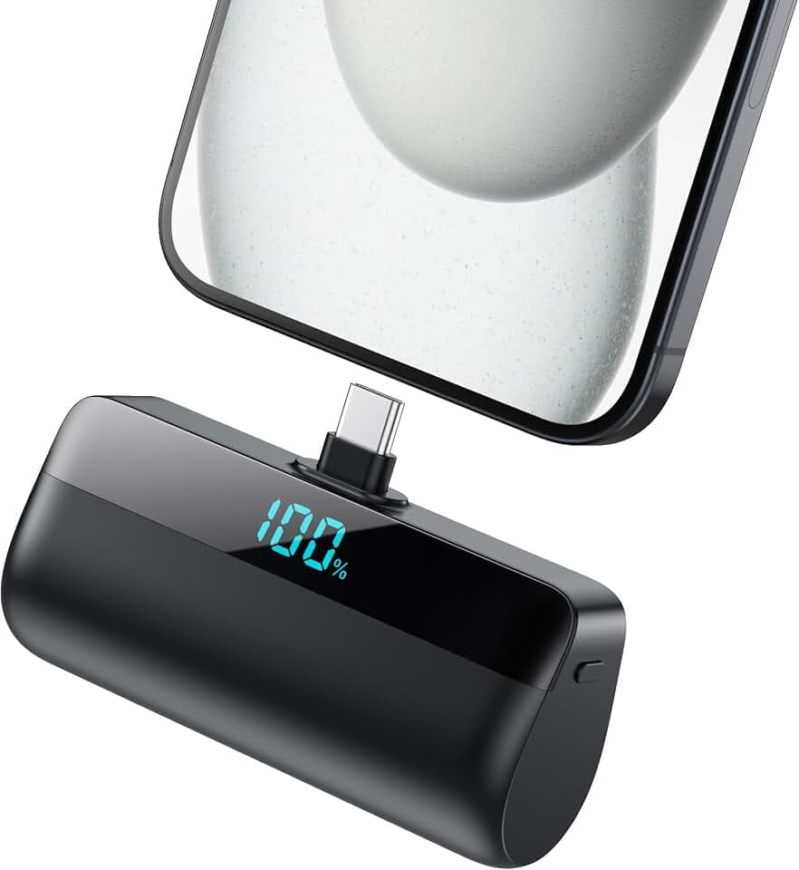 Mini Power Bank USB C 5200mAh, Upgrade 15W PD 3A Schnelles Aufladen Powerbank LCD Display Schlank Externer Akku Kompatibel mit iPhone 17/16/15, Samsung S25/24 Serie, Note/Huawei/LG, USB-C-Telefone