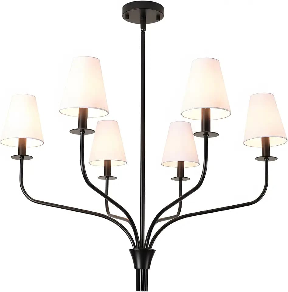 30" Black Chandelier for Dining Room - 6-Light Modern Pendant Lighting Fixture with White Fabric Shade, Farmhouse Ceiling Light for Living Room Bedroom Kitchen Island, E12