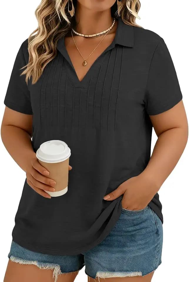 DOLNINE Womens-Plus-Size-Tops Summer V Neck Polo Shirts Casual Collared Tees Trendy Pleated Blouses Basic Short Sleeve Tunics