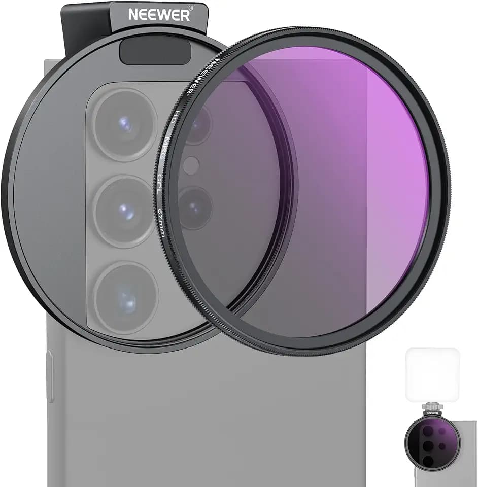 NEEWER 67mm CPL Filter with Cold Shoe Phone Lens Clip, HD Polarizing Filter with Pouch & Cleaning Cloth Compatible with iPhone 17 16 15 Pro Max Plus Samsung Galaxy S25 Ultra Camera