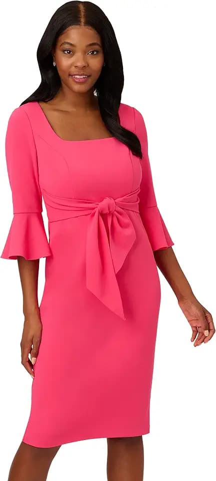 Adrianna Papell Stretch Crepe Bell Sleeve Dress with Scoop Neck & Tie Front