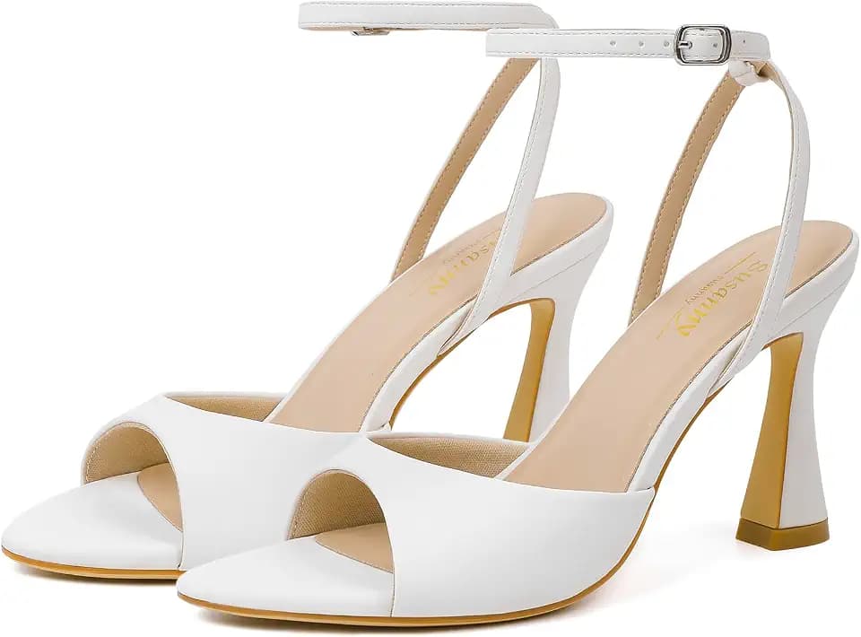 Susanny High Heels for Women Pointed Open Toe Strappy Chunky Block Heels Ankle Strap Stiletto Kitten Heeled Sandals Wedding Bridal Party Prom Sexy Dress Shoes