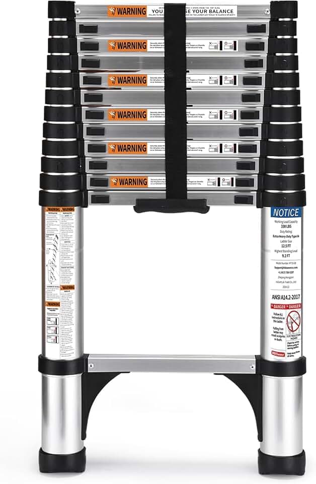 HBTower Teleskopleiter 3,8 m aus Aluminium, Klappbare Ausziehleiter mit Rutschfesten Füßen, Robust & Tragbar, Tragkraft 150 kg, Ideal für Dachrinnenreinigung & Außenreparaturen, Silber
