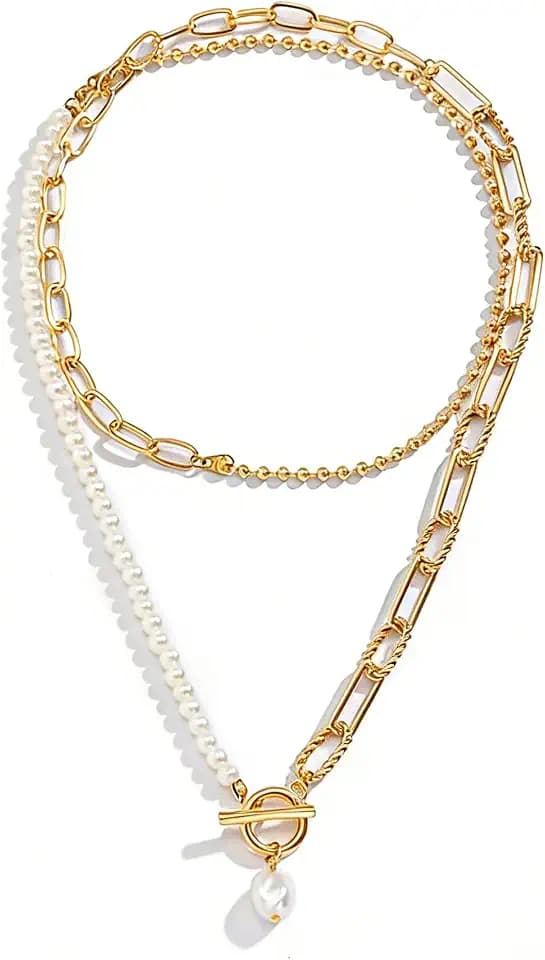 Gold Layered Necklaces for Women Pearl Layering Paperclip Chain