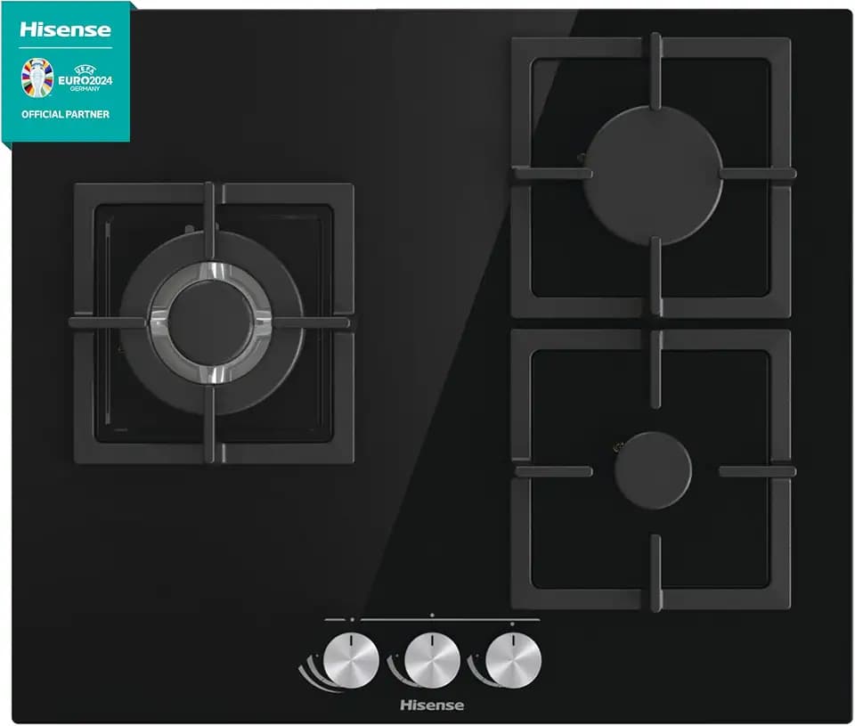 Hisense GG633B – Erdgas-Kochplatte, 3 Zonen, 60 cm, Grill aus Gusseisen und schwarzem Hartglas, automatische Zündung, in den Bedienelementen integriert, Sicherheit Gasstop, einfache Reinigung