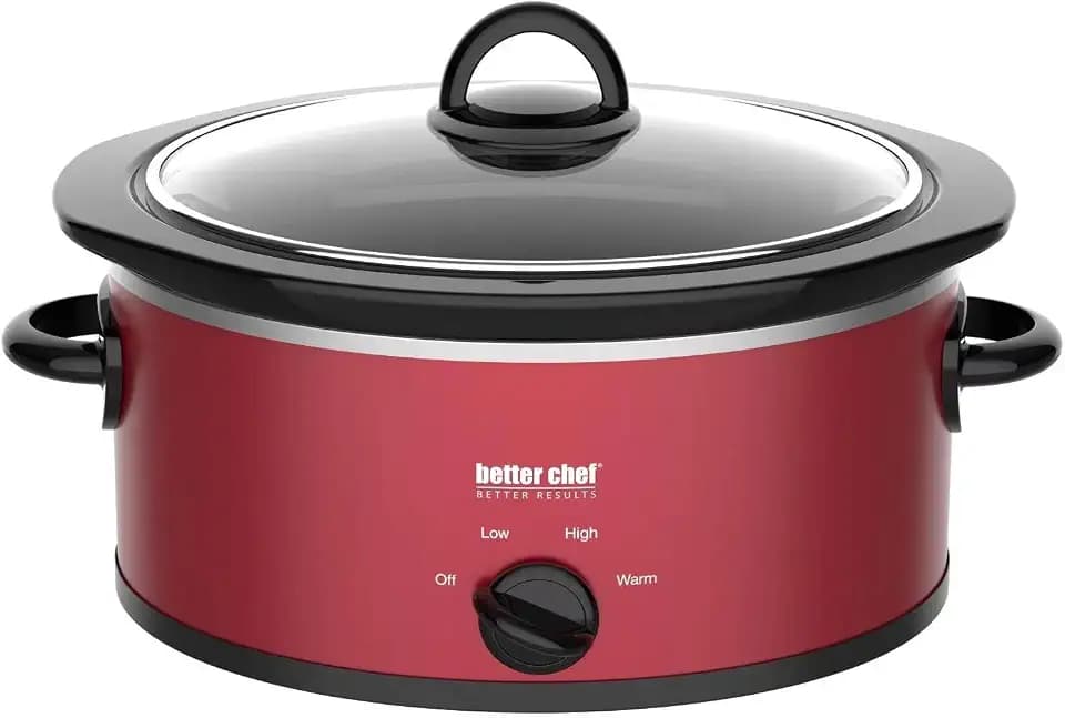 Better Chef Oval Slow Cooker | 3-Quart | 3-Tempature Settings | Side Handles | Glass Lid | Enamel Stoneware Insert (Red)
