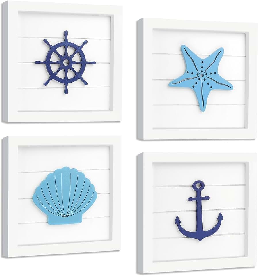 Fangoo 4 Stück Nautisches Thema Wanddekoration Set mit 3D Sea Star Shell Schiffsruder und Anker Ozean Thema Strand Wanddekoration für Wohnzimmer und Badezimmer im Ozeanstil(18x18 cm)