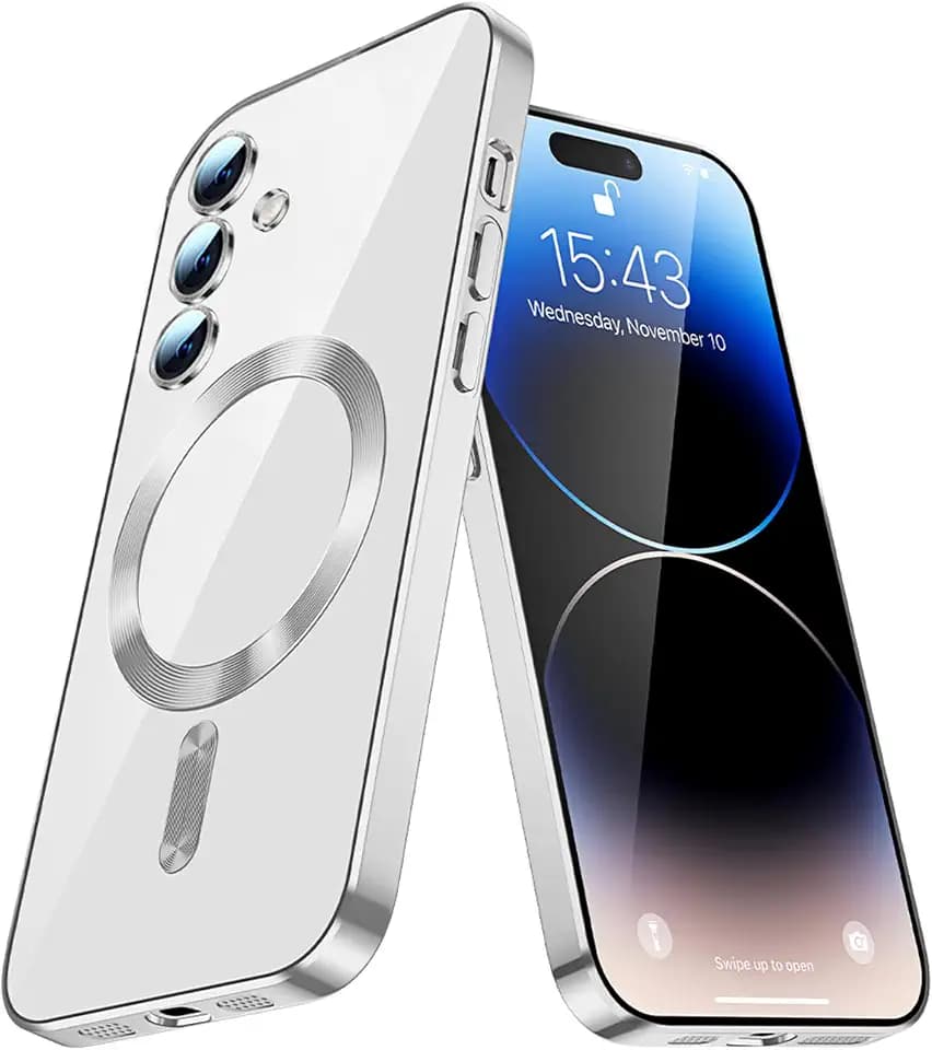 Magnetische Hülle für Samsung Galaxy S24+ Plus Hülle mit Kameraschutz, Clear Dünne Silikon Stoßfeste Schutzhülle Anti-Kratzt Stoßstange Handyhülle für Samsung Galaxy S24+ Plus Silber CX