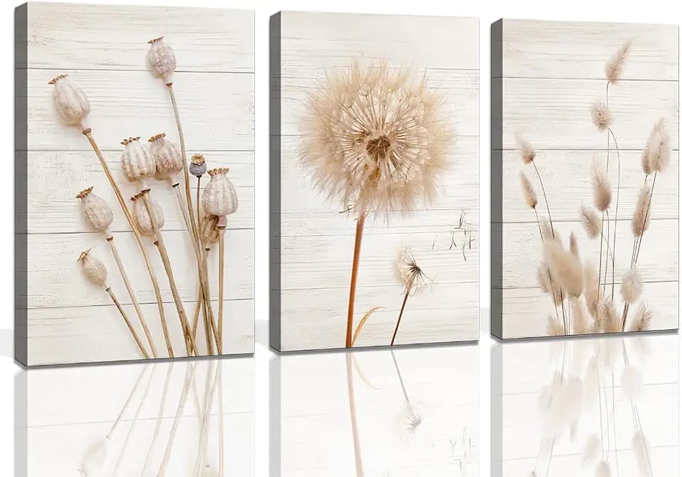Neutral Wall Art - Farmhouse Wall Decor Dried Poppy Heads Dandelion Canvas Print Wall Art for Bedroom Aesthetic Rustic Wall Art for Living Room Wall Decoration Stretched Set of 3 Pieces 16x24inches