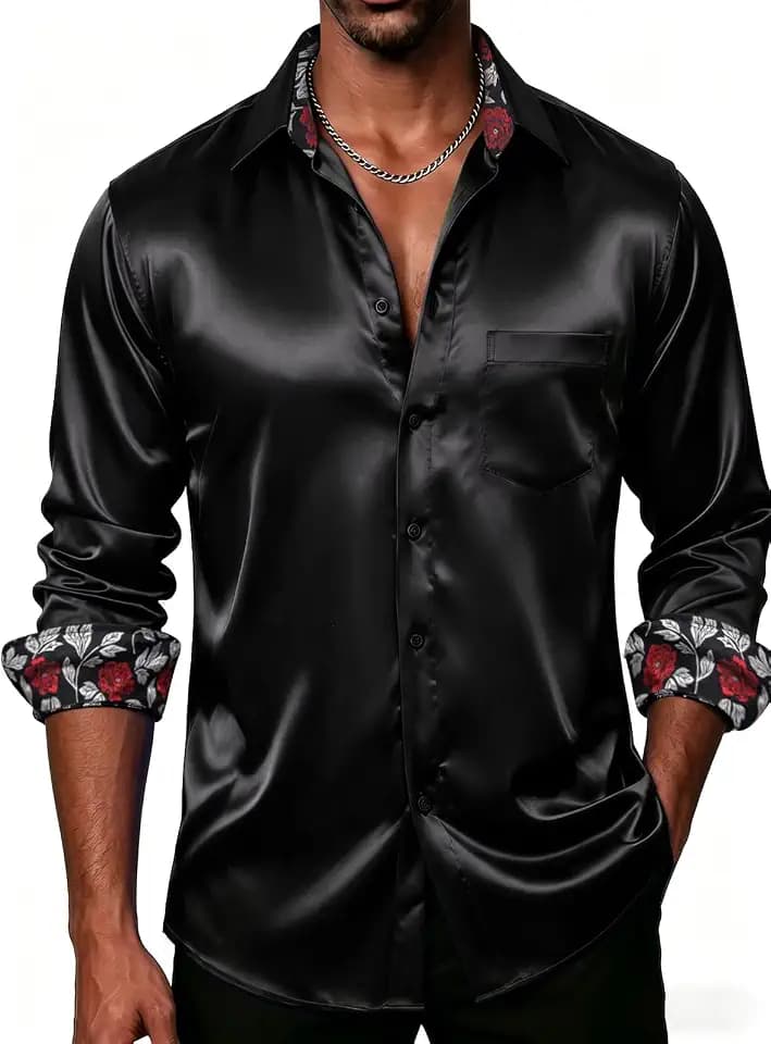 DiBanGu Mens Satin Dress Shirt Shiny Long Sleeve Button Down Casual Shirts