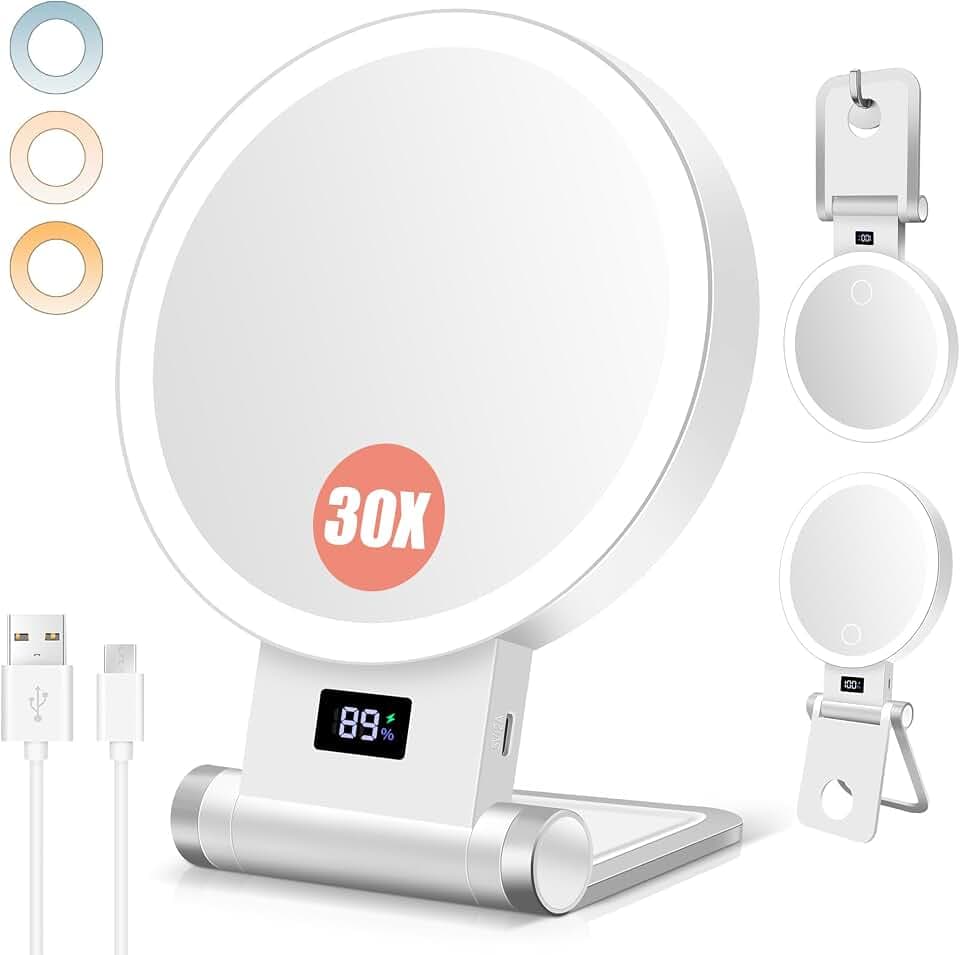 B Beauty Planet 30X/1X Kosmetikspiegel mit Vergrößerung, Erhöhter Ständer, Batterieanzeige, 2000mAh Akku, Doppelseitiger Tischspiegel, 3-Farben-Licht, Wand, Klappbar – Für Zuhause & Reisen