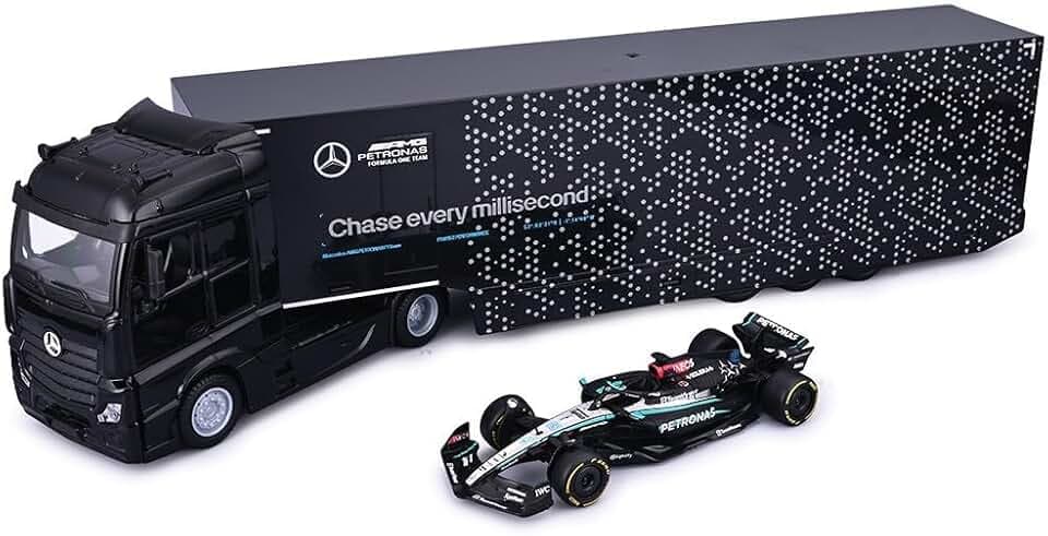 Bburago - Mercedes-AMG Semi Truck mit W15 2024#63 Russell, Diecast-Set Maßstab 1:43, Transporter mit F1-Auto, Lizenz, Alter 3+