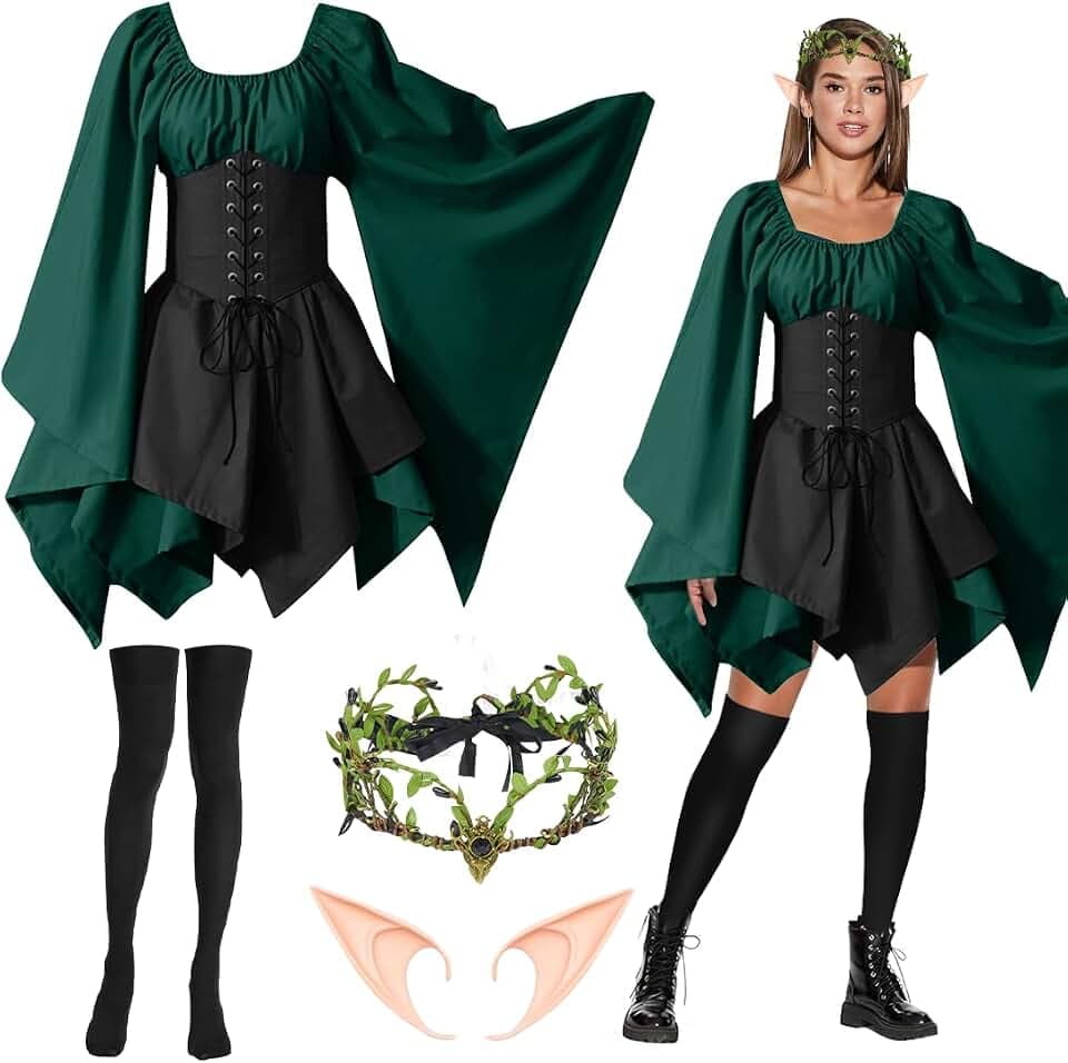 Capaneus Mittelalter Kostüm Damen, Elfen Kostüm Damen, Mittelalter Kleid Gothic, Waldfee Kostüm mit Elfenohren, Haarschmuck, Overknee Socken, Kleid Renaissance für Damen Karneval Halloween Cosplay