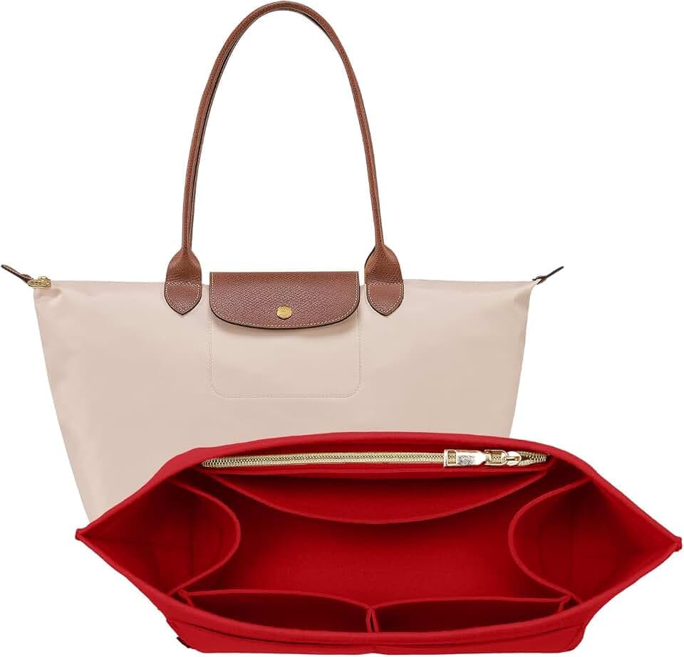 OPPOSHE Purse Organizer Insert for Longchamp Le Pliage, Premium Felt Long Champ Bag Handbag Women, Tote Organizer Insert with 9 Compartments (Medium, Red)