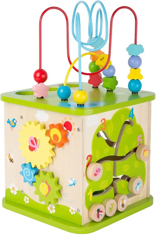 small foot Motorikwürfel aus stabilem Holz mit fünf Seiten Spielspaß, inkl. Motorikschleifen und Kugelbahn, 10605