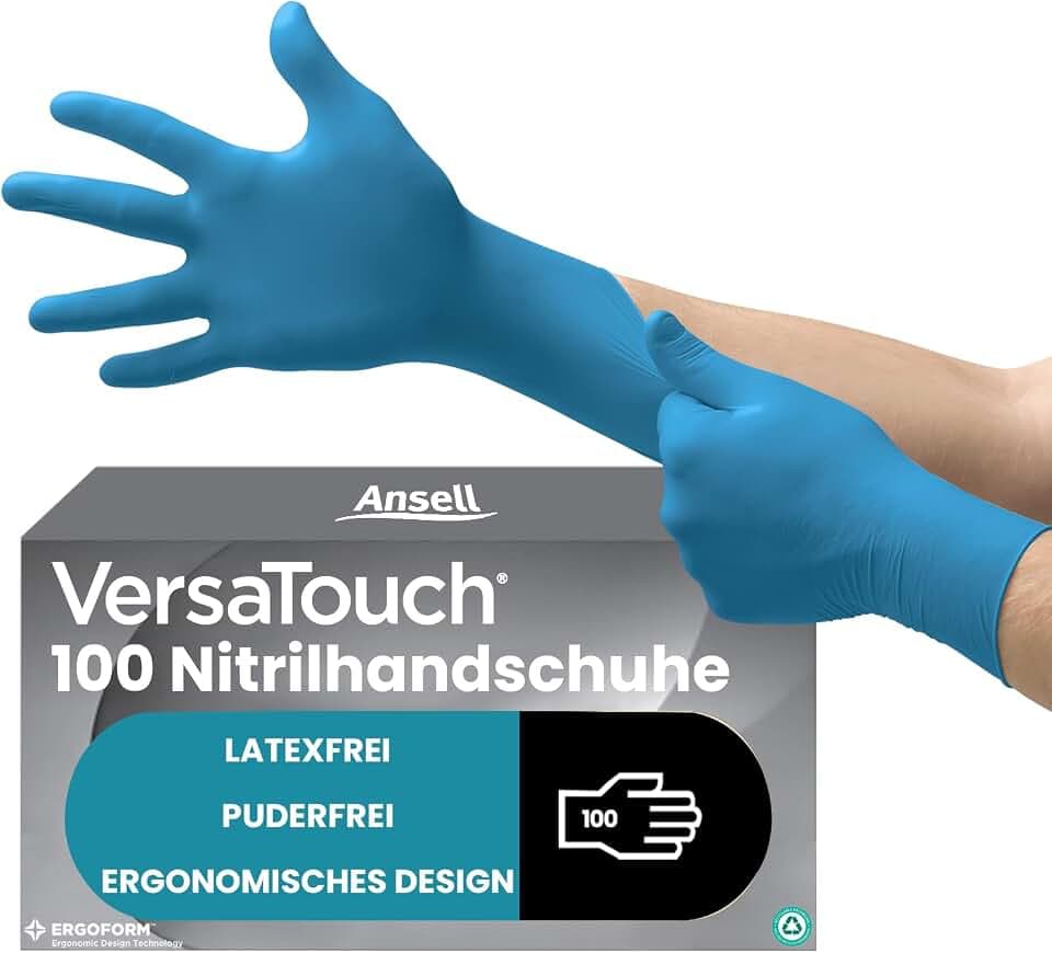 Ansell VersaTouch 92-465 Latexfreie Einmalhandschuhe, Nitrilhandschuhe Puderfrei, Einweghandschuhe Blau, Chemikalien-Schutzhandschuhe, Einweghandschuhe XL (100 Stück)