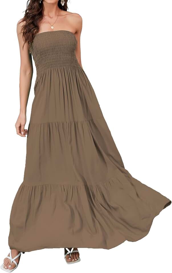 Women Strapless A Line Maxi Dress Tube Top Backless Casual Dress