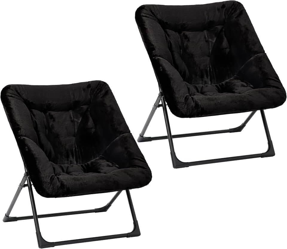 Comfy Saucer Chair for Adults, Set of 2, Soft Faux Fur Bedroom Chair, Accent Dorm Chairs, Flexible Living Room Reading Chairs, Oversized Folding Seat for Teens, X-Large, Black