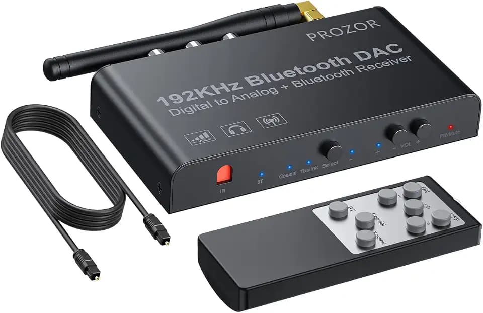 PROZOR DAC Konverter 192kHz Eingebauter Bluetooth V5.0 Empfänger Digital zu Analog Stereo L/R RCA 3.5mm Audio Konverter mit IR-Fernbedienung Unterstützt Mute/Lautstärkeregelung/Power ON oder Off